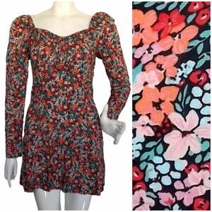 BP/Norstrom Mini Dress, S, Black Floral, Long Sleeves, Smocked Bodice, Rayon